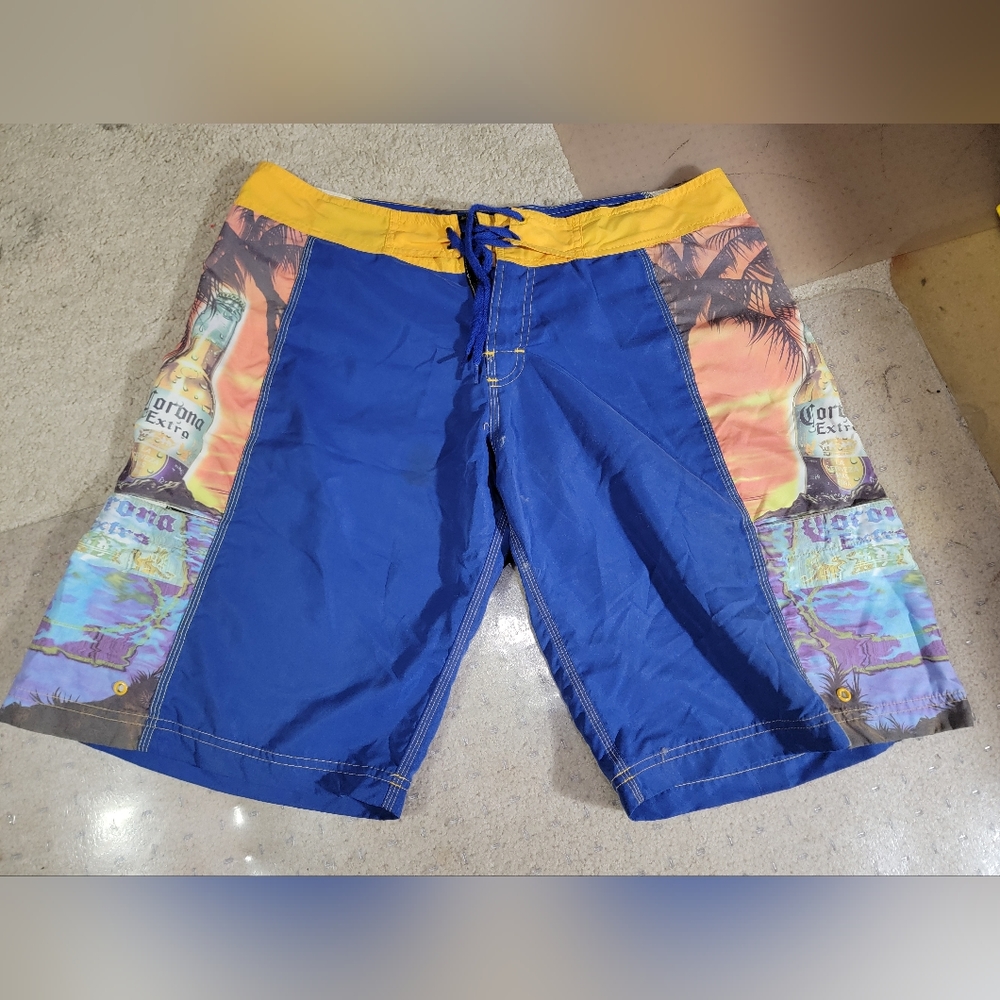 Corona Swim Suit Board Shorts Mens 34 Large Blue Yellow Beer Beach